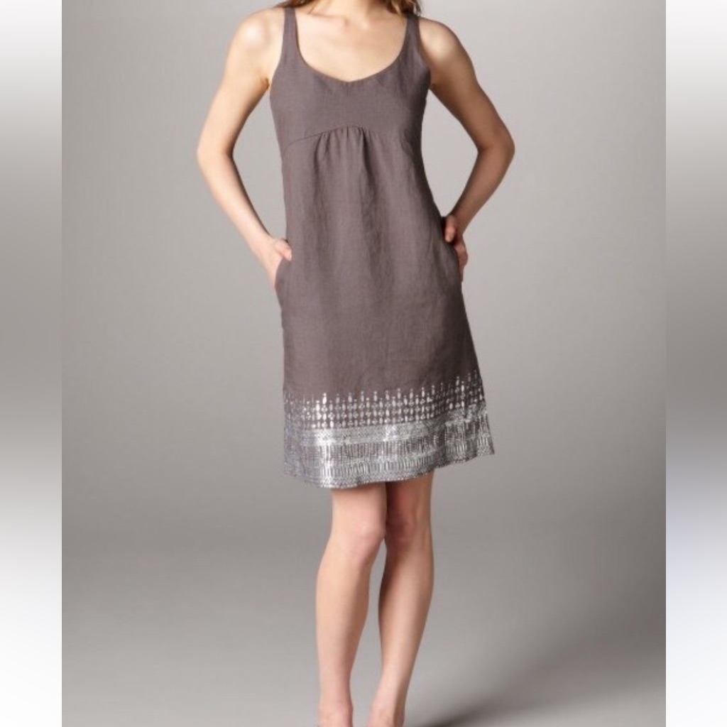Nwot Eileen Fisher Gray 100% Organic Linen V-Neck Tank Dress Sequins